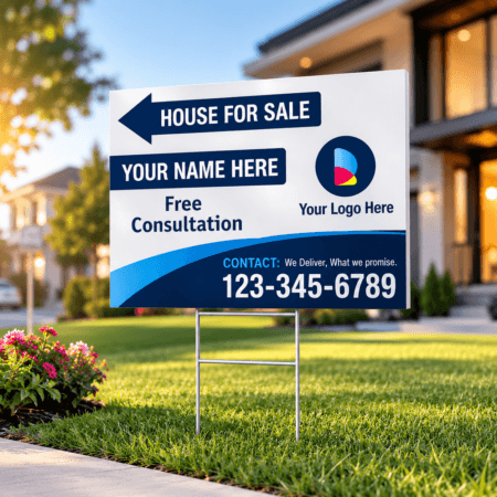 High-quality Coroplast yard sign mounted on a sturdy H-frame in front of a modern luxury home, suitable for real estate listings, events, and business promotions.