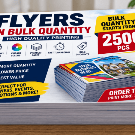 Modern commercial flyer printing mockup displaying premium stacks of full-color flyers with emphasis on bulk quantity printing starting from 2,500 pieces.