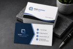 Economy business cards displayed in a professional studio mockup featuring premium white business cards with modern blue branding and a clean corporate design.