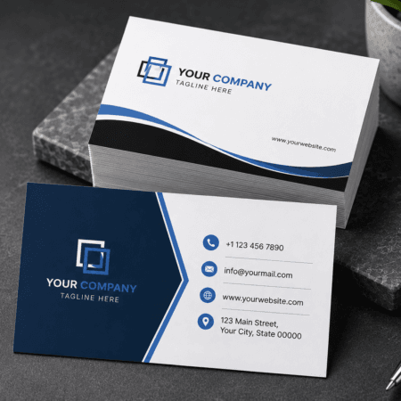 Economy business cards displayed in a professional studio mockup featuring premium white business cards with modern blue branding and a clean corporate design.