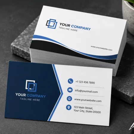 Economy business cards displayed in a professional studio mockup featuring premium white business cards with modern blue branding and a clean corporate design.