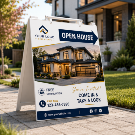 Modern open house A-frame sign with custom real estate branding displayed on a landscaped walkway in front of a luxury home during daylight.