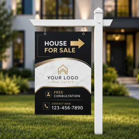 Modern black and gold real estate For Sale hanging sign mounted on a white wooden post in front of a luxury home with a softly blurred background.