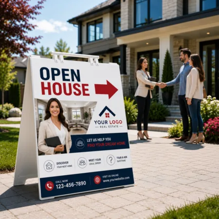 Professional realtor featured on a premium open house sign while greeting and shaking hands with prospective home buyers in front of a luxury property.