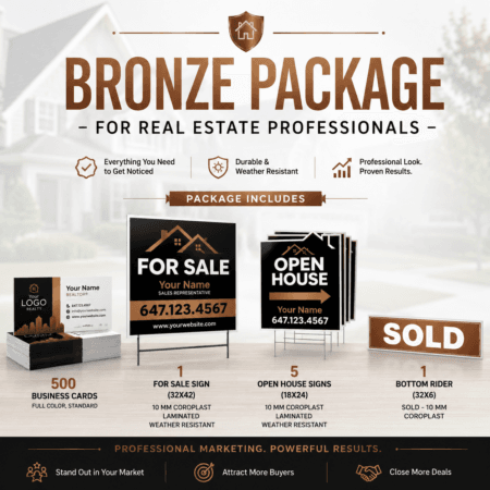 Bronze Package for real estate professionals including 500 business cards, FOR SALE sign, OPEN HOUSE signs, and SOLD rider printed on durable laminated coroplast.