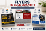 Large stack of professionally printed marketing flyers displayed on a clean tabletop, showcasing premium print quality for bulk flyer orders.