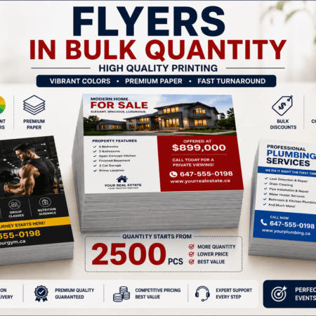 Large stack of professionally printed marketing flyers displayed on a clean tabletop, showcasing premium print quality for bulk flyer orders.