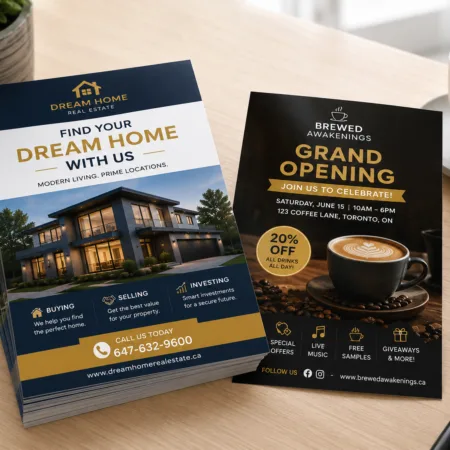 Modern real estate flyer printed in full color featuring a luxury home design displayed on a clean tabletop with a professional premium finish.