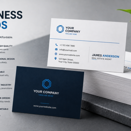 Front view of custom economy business cards featuring a modern blue and white design with company logo and professional branding.