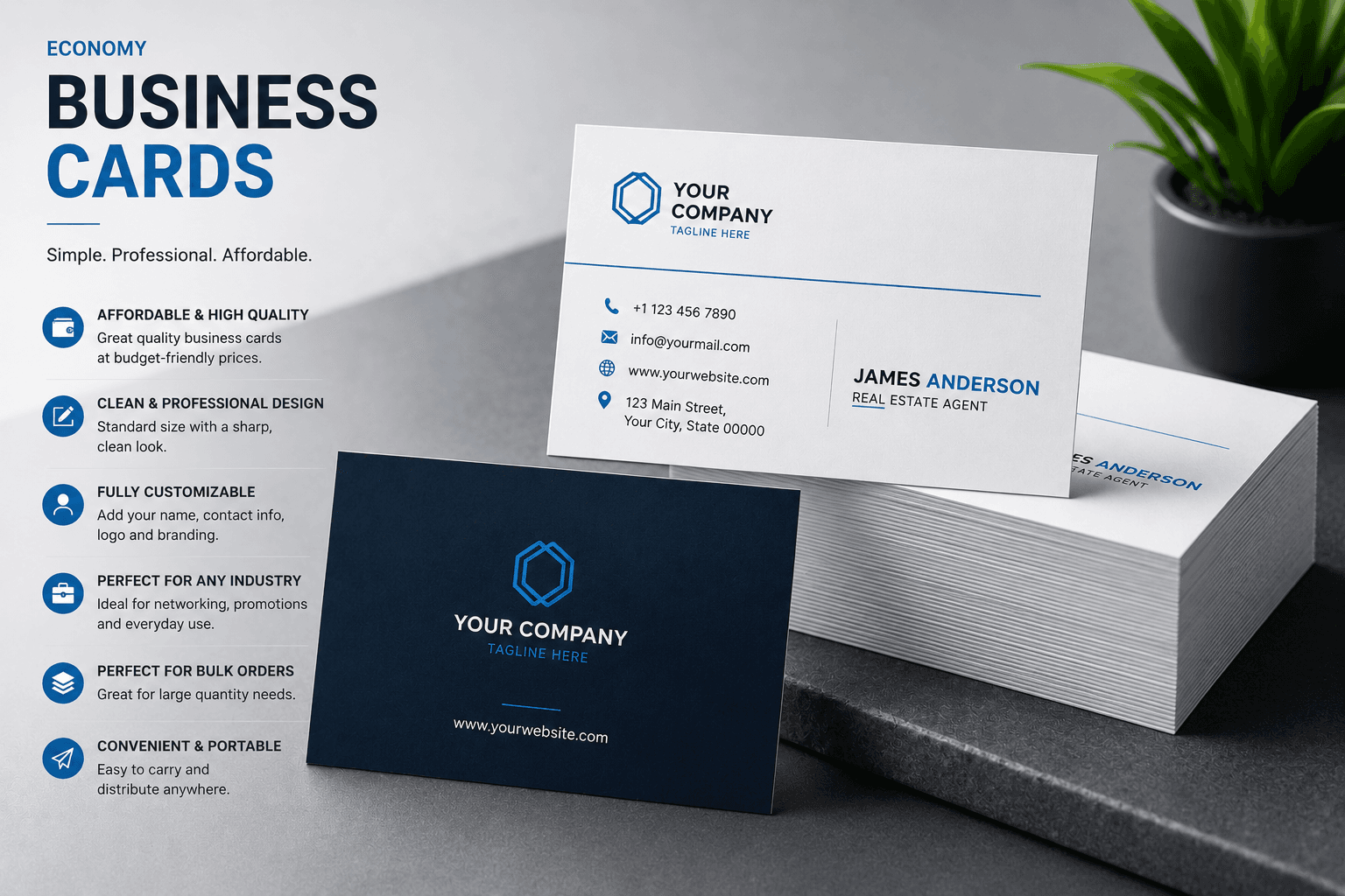 Front View – Economy Business Cards Front view of custom economy business cards featuring a modern blue and white design with company logo and professional branding.