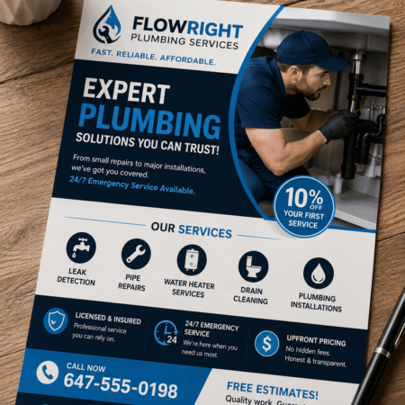 Professional plumbing service flyer printed in full color and displayed on a wooden tabletop with a clean, modern business design.