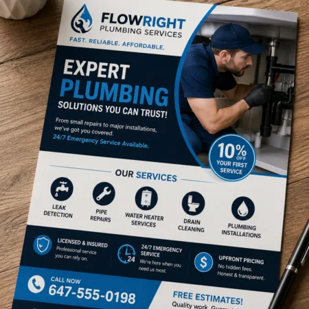 Professional plumbing service flyer printed in full color and displayed on a wooden tabletop with a clean, modern business design.