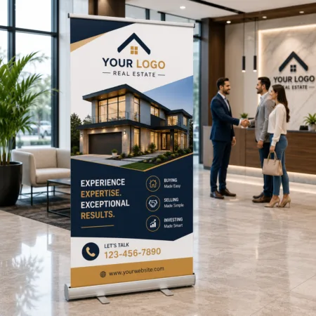 Elegant roll up banner featuring luxury home branding while a realtor shakes hands with home buyers inside a modern real estate office.