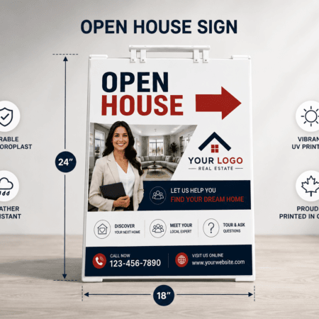 18 × 24 inch custom open house A-frame sign with 24-inch height and 18-inch width measurements