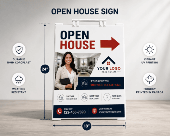 18 × 24 inch custom open house A-frame sign with 24-inch height and 18-inch width measurements
