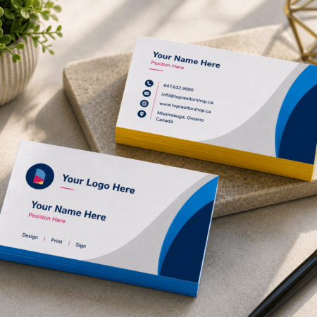 Front side of painted edge business cards with a clean white design, bold blue graphics, and premium colored edges in a modern workspace setting.