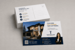 Professional real estate postcards featuring a modern home, realtor branding, agent photo, QR code, and contact information