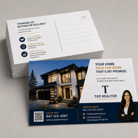 Professional real estate postcards featuring a modern home, realtor branding, agent photo, QR code, and contact information