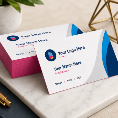 Premium painted edge business cards with extra-thick 32pt cardstock, vibrant colored edges, and modern professional design displayed in a luxury studio mockup.