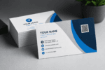 Premium business cards with soft touch, matte and glossy lamination finishes displayed in a modern studio mockup with stacked cards and professional design.