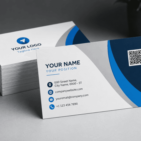 Premium business cards with soft touch, matte and glossy lamination finishes displayed in a modern studio mockup with stacked cards and professional design.
