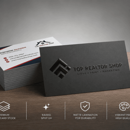 Luxury matte laminated business cards with raised Spot UV finish displayed in a modern studio setting with premium printing feature highlights.