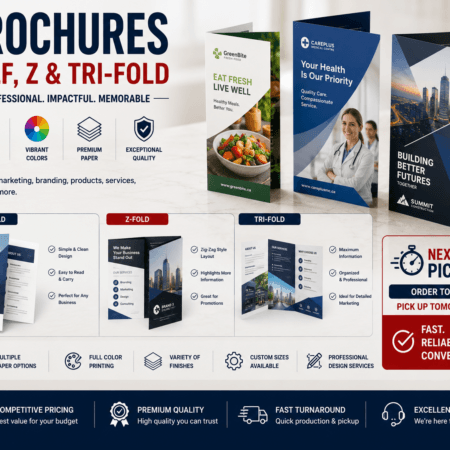 Premium tri-fold brochure displayed with modern product information highlighting next day pickup, high-quality printing, and professional brochure options.
