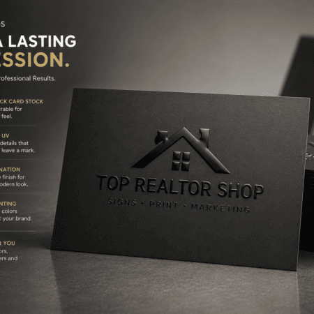 Premium matte laminated business card with raised Spot UV logo and text, luxury black business card with glossy finish for professional branding.