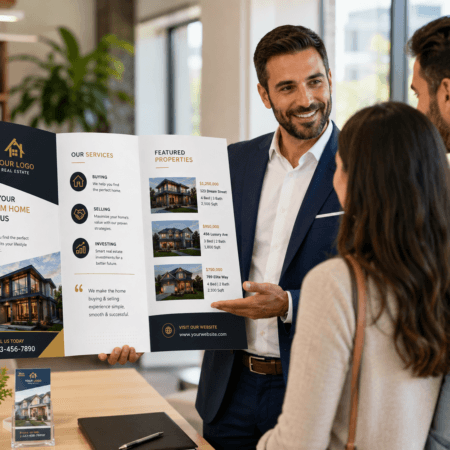 Professional realtor presenting a premium tri-fold brochure to prospective home buyers during a consultation inside a modern real estate office.