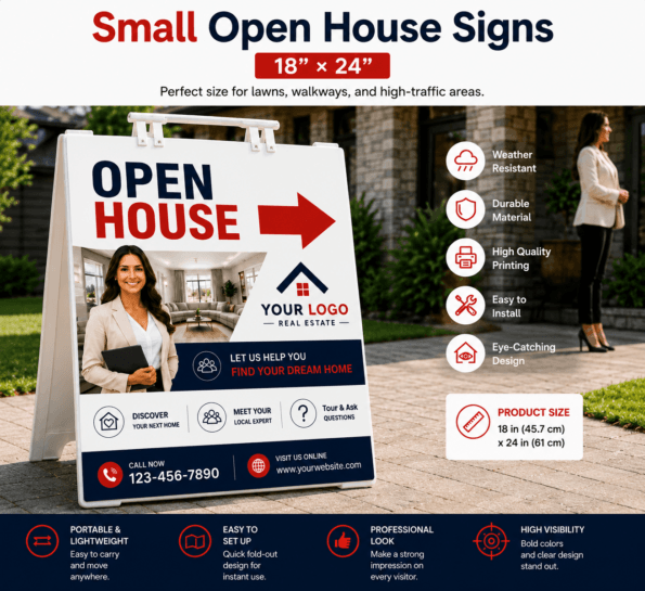 Small 18 × 24 inch custom open house A-frame sign with realtor design displayed outside a modern home