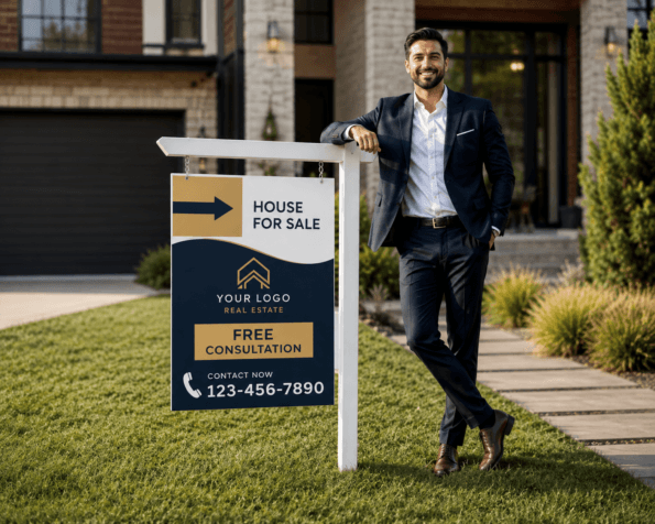 Professional real estate agent standing beside a premium For Sale sign in front of a modern luxury home, featuring a sleek black and gold sign design with customizable branding.