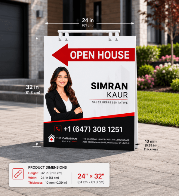 Large real estate open house sign with custom realtor branding, photo, contact information, and red and black design