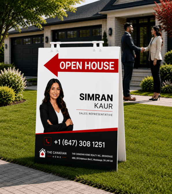 Custom real estate open house sign displayed outside a home with two realtors shaking hands in the background