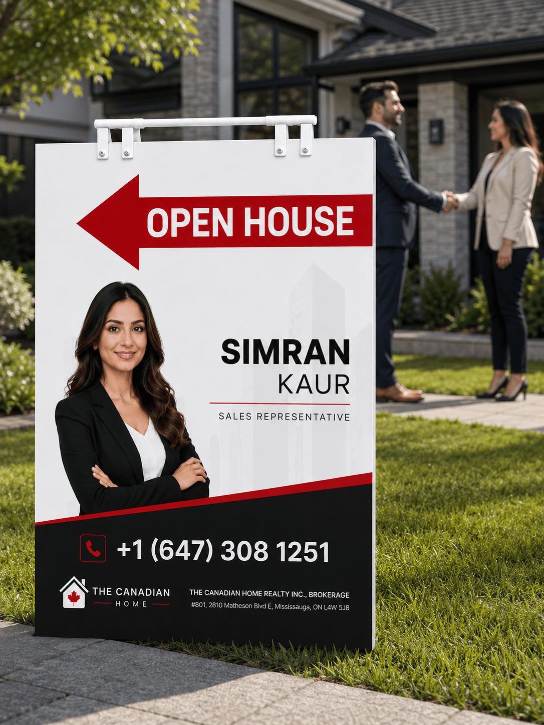 Custom Real Estate Open House Sign with Realtor Handshake Custom real estate open house sign displayed outside a home with two realtors shaking hands in the background