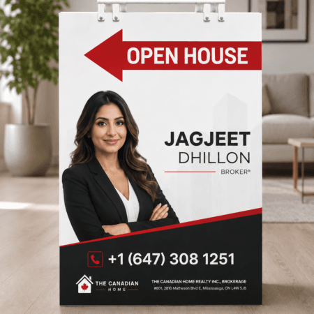 Large real estate open house sign with custom realtor branding, photo, contact information, and red and black design