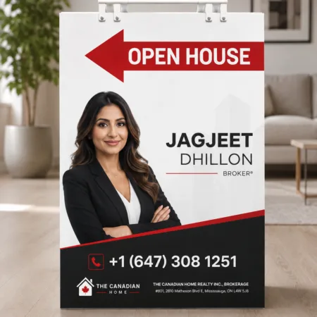 Large real estate open house sign with custom realtor branding, photo, contact information, and red and black design